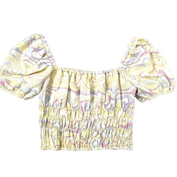 Elodie Square Neck Smocked Puff Sleeve Crop Top Blouse Womens Medium Pastels - Picture 1 of 9